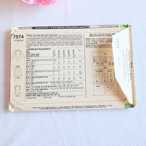1976 Simplicity 7574 Sewing Pattern Top, Skirt, Scarf - Picture 5 of 5
